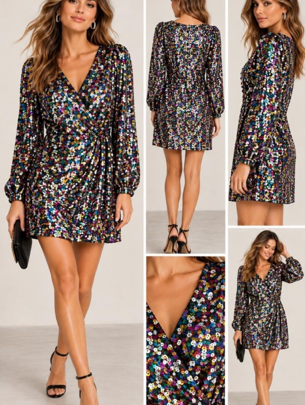 Hutch Demi Multicolor Rainbow Sequin V-Neck Long Sleeve Mini Dress Size 12